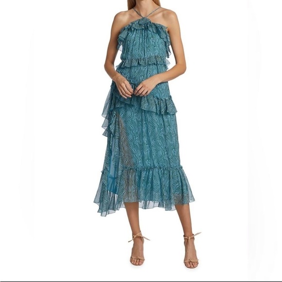 Cinq a Sept- Blue and green Sleeveless Multi Ruffle “Rayner” Printed Midi Dress - Picture 3 of 8